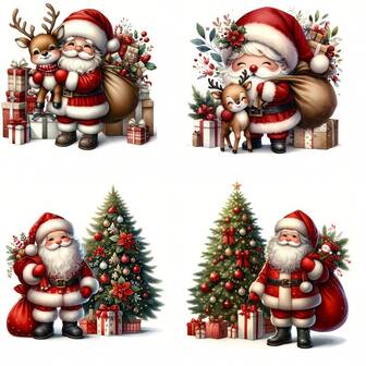 4 piezas Pegatinas de transferencia de calor de Papá Noel y renos, diseño navideño colorido, decoración de ropa y tela DIY, adecuado para camisetas, bolsas de tela y textiles