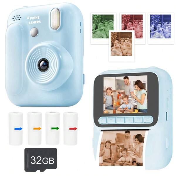 Cámara digital para niños con impresión de fotos instantánea - Zoom 8X, video HD 1080P, flash incorporado, 4 rollos de papel de color (rojo/azul/naranja/verde), portátil y fácil de usar, mejor regalo para vacaciones y ocasiones especiales, Navidad, cumpleaños, Año Nuevo