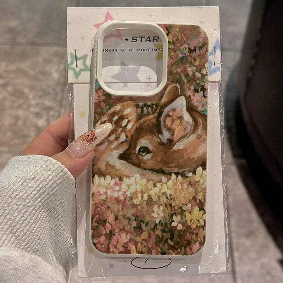 1 件 TPU 材质优雅粉色花卉和鹿绘画图案手机壳，适用于苹果手机