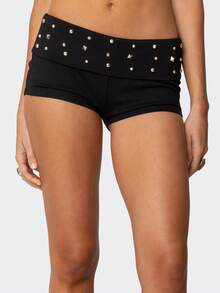 Women Y2K Studded Foldover Micro Shorts Vintage Low Waist Slim Fit Mini Shorts Summer Boxer Short Party Clubwear - 黑色 - 查看 2