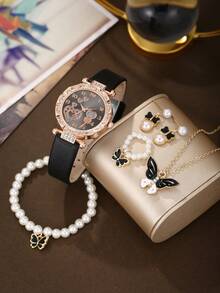 Conjunto de 6 peças de relógio de quartzo feminino elegante, casual, estilo universitário, com colar de pérolas e borboletas, pulseira, brincos e anel, várias opções de cores, presente para irmã combinando, adequado para uso diário, presente perfeito para ela na volta às aulas - Ouro - Ver 13