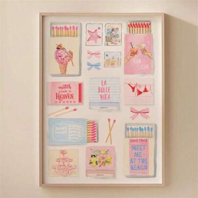 1pc Coastal Matchbox Pastel Wall Art Picture Vintage Matchbox Canvas Prints Paintings Retro Pink Matchest Poster Aesthetic Decor For Bedroom, Living Room, Dorm Apartment Wall Decor No Framed