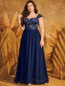 加大码深V领透视亮片拼接蕾丝撞色雪纺长裙，适合舞会、正式派对、新年、婚礼宾客、返校节、生日、毕业典礼、晚宴、正式活动、仪式等场合。 - 藏蓝色 - 查看 5