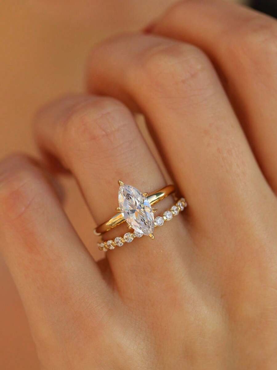 1 pieza 1 quilate Anillo de compromiso de mujer con diseño de seis garras con forma de ojo de caballo, color D, diamante Moissanite, plata de ley 925, anillo simple y romántico, anillo de eternidad, anillo de aniversario de boda, joyería de lujo, regalo de aniversario de boda para mujer - Dorado - Ver 1