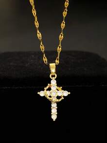 1 件闪亮不锈钢链金色皇冠十字架铜和锆石吊坠项链适合女士时尚街头派对珠宝宗教基督教礼物黄金首饰 - 彩色 - 查看 8