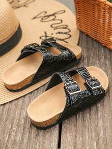 1 Pair Children's Fashionable Leopard Print PU Design Non-Slip Soft Cork Flat Toe Open Beach Slippers, Suitable For Summer