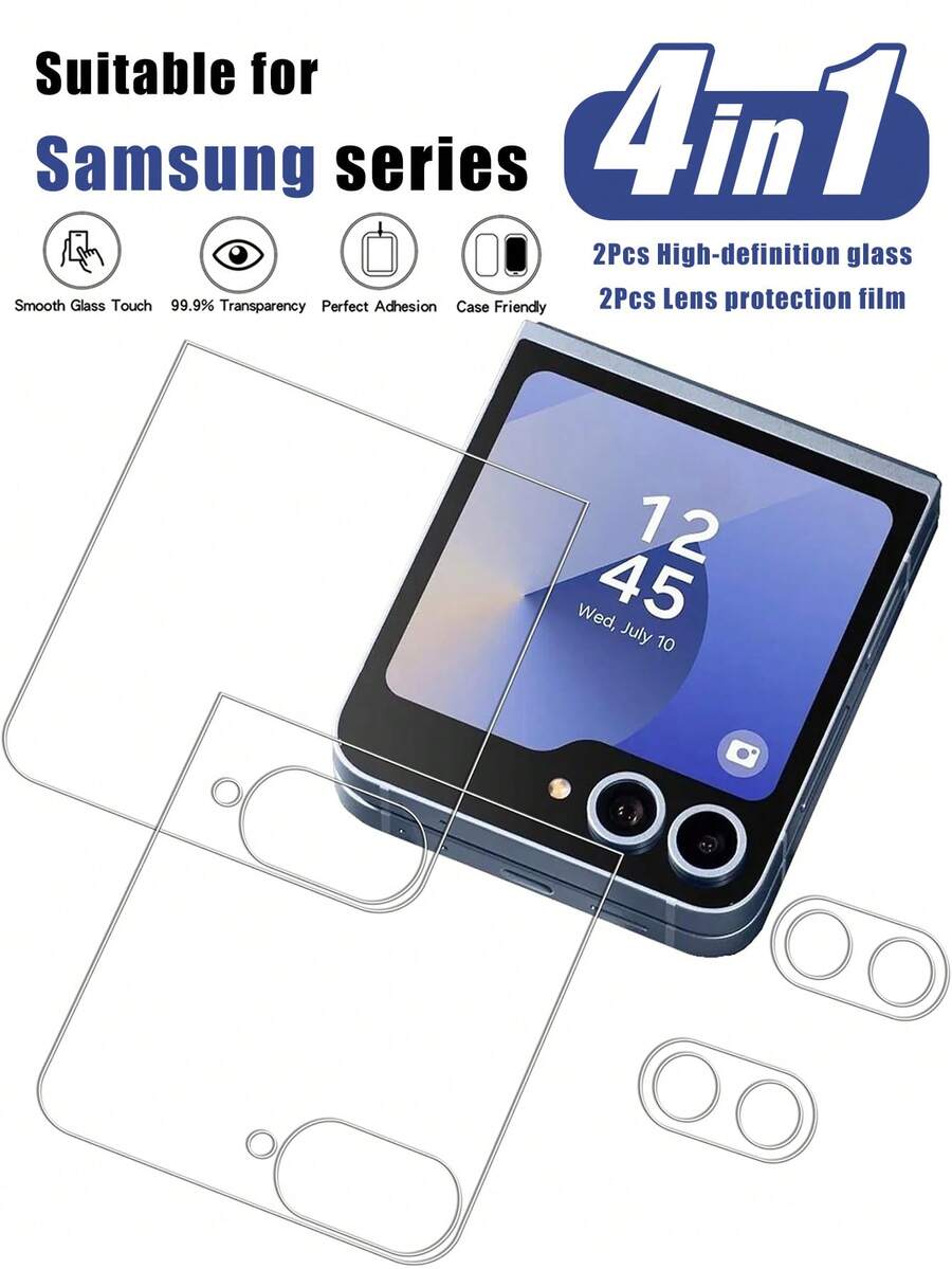 2+2 Pcs Tempered Glass Screen Protector + Camera Lens Protector Compatible With Samsung Galaxy Z Flip 7, 2 Pcs Screen Protector + 2 Pcs Camera Lens Protector - Clear - View 1