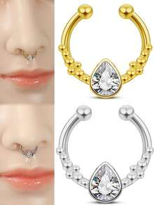 2 chiếc/1 chiếc Nhẫn mũi giả hình giọt nước đính đá Cubic Zirconia mạ vàng và bạc 18K, kẹp mũi không xỏ khuyên, trang sức xỏ khuyên giả cho cơ thể phù hợp cho nam, nữ, cặp đôi để hẹn hò và đeo hàng ngày - Nhẫn mũi zirconia nhiều lỗ giả - Xem 6