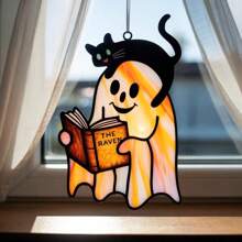 1PC Cute Reading Ghost And Black Cat Acrylic Ornament, Halloween Stained Acrylic , Cute Spooky Ghost, Black Cat Window Hanging, Fall Bookish Decor - A - View 5