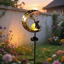 1pc Solar Powered Iron Art Moon, Cat Paw, Butterfly Garden Stake Light, Warm Light LED, Waterproof, Suitable For Yard, Lawn, Park - Cat Catching Butterfly - View 4
