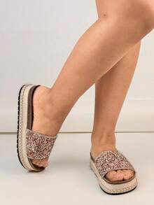 Glittery Wedge Platform Strap Slide Sandals, Elegant Raised Sole Slippers - Berwarna merah muda - View 2