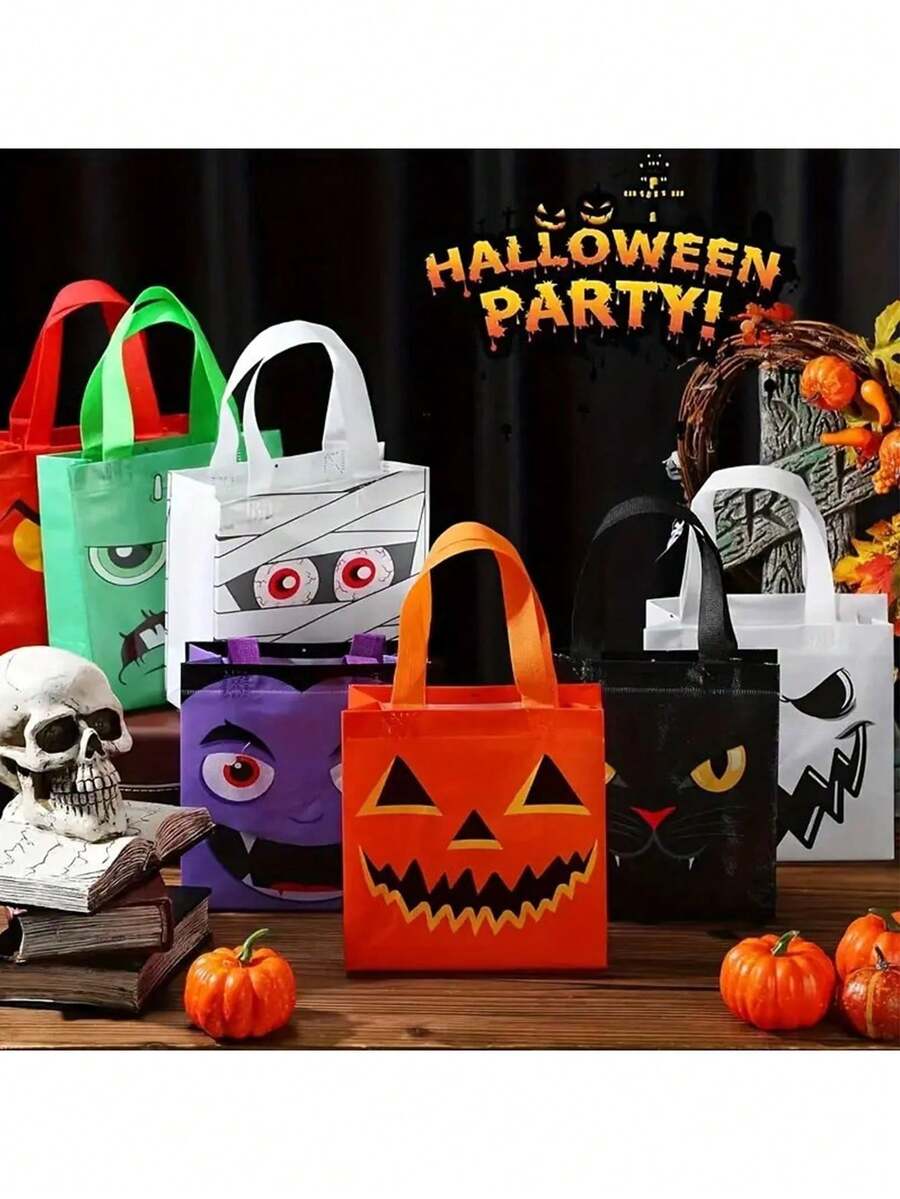 24个/1个万圣节卡通礼品袋，采用无纺布材质，带提手。这些可重复使用且防水的袋子非常适合生日庆祝活动、万圣节主题派对、万圣节无纺布袋、恐怖南瓜表情礼品袋、万圣节活动、节日聚会、零售购物和礼品包装、家庭生日派对礼品包装装饰。
