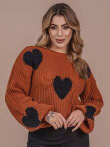 Heart Blouse With Fur Knit Wool Fang Puff Sleeve Women's Oversize Winter Cold Laffy Knit - 銹色與黑色 - 查看 1
