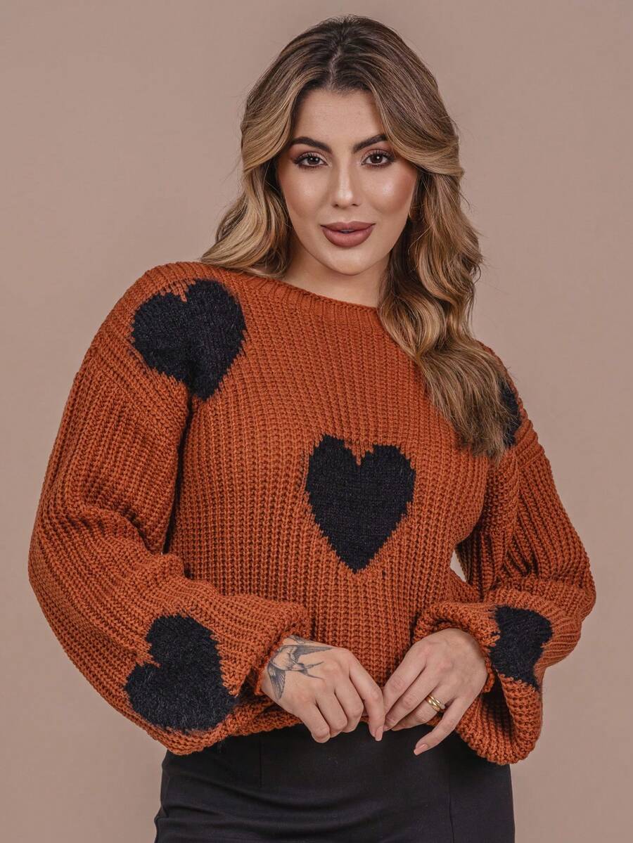 Heart Blouse With Fur Knit Wool Fang Puff Sleeve Women's Oversize Winter Cold Laffy Knit - 銹色與黑色 - 查看 1