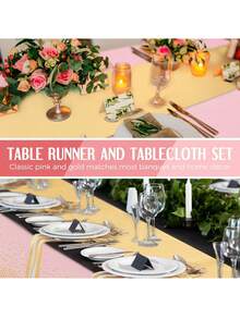 Pink And Gold Disposable Plastic Tablecloth And Satin Tablecloth Set, 137 X 274cm Tablecloth, 28 X 274cm Tablecloth, Suitable For Weddings, Graduation Birthdays - Pink - View 6