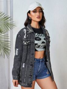 Pearl Beaded Button Open Long Sleeve Mid-Length Denim Jacket - Dark Grey - View 5