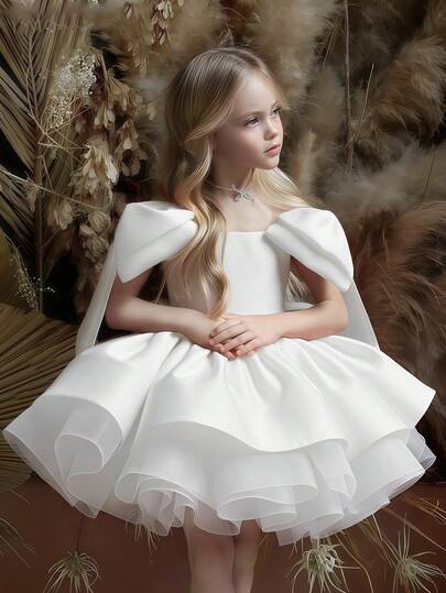 Abito elegante da damigella d'onore bianco con fiocco per ragazza pre-adolescente, abito da cerimonia corto per matrimonio, abito da principessa, abito da ballo, festa, Natale, compleanno