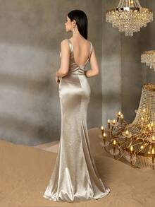 Alisa&Leo 少女优雅缎面晚礼服，露背不对称开衩，适合毕业舞会、学校活动和青少年联欢会的正式礼服 - 香檳色 - 查看 2