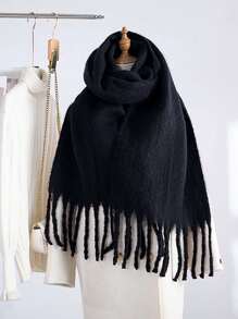 1pc Solid Color Scarf, Warm & Thick Knitted Wool, Tassel Decor, Suitable For Outdoor Wear In Winter