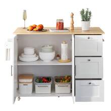 Mobile Kitchen Table, 135 Cm Long * 44 Cm Wide * 90 Cm High, Beech Wood Countertop, Foldable Design, Multifunctional Cabinet, 3 Drawers, Towel Rack, Suitable For Kitchen, Dining Room, Home - White+Natural + MDF + European - View 6
