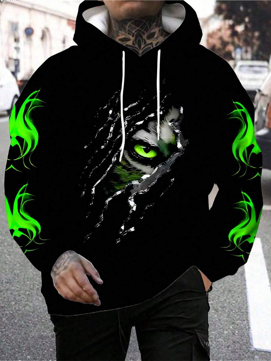 Sudadera con capucha casual para hombres con estampado digital 3D de manga larga y cordón ajustable