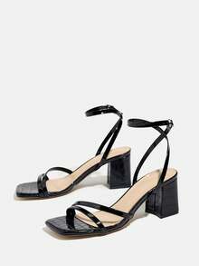 女士高跟凉鞋，适合派对、户外旅行、时尚、宴会、粗跟、方头、派对、度假、奢华、性感 PU 皮革、绑带、石纹、舒适材质、性感交叉绑带、优雅、优美、迷人、黑色、优雅高跟凉鞋