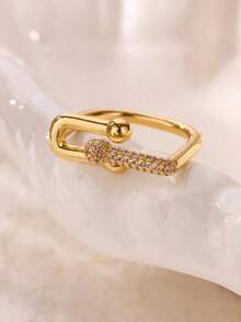 奢华马蹄形不锈钢戒指，镶嵌立方氧化锆，金银色防褪色开口戒指，女士，婚礼首饰，派对及节日配饰，送给女儿/妈妈/闺蜜的礼物 - JZ7564 - 查看 2