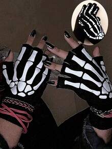 1 Pair Punk Gloves Unisex Halloween Skeleton Skull Half Finger Gloves Glow In The Dark Fingerless Stretch Knitted Mittens - Black and White - View 10