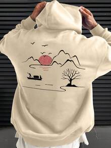 Męska bluza z kapturem, długim rękawem, ściągaczem i kieszenią, z nadrukiem górskim
