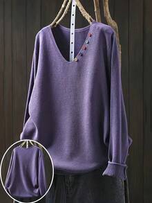 Suéter de manga larga con cuello en V de unicolor, talla grande, otoño/invierno