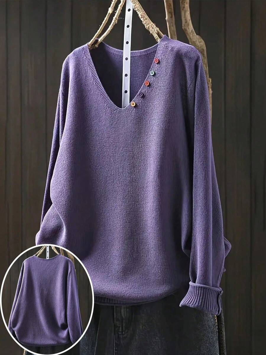 Suéter de manga larga con cuello en V de unicolor, talla grande, otoño/invierno