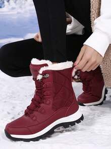 STARNOVO 1双女士白色高帮雪地靴，2025新款冬季户外高帮雪地靴，保暖加厚踝靴，防滑雪地旅行黑色滑雪鞋 - 酒紅色 - 查看 4