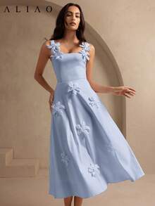 Aliao Elegant 3D Flower Sleeveless Sling Women's Dress, Wedding Guest Dress, Prom Party Dress, Bridal Shower Dress, Brunch Outfits For Women - Dusty Blue - View 7