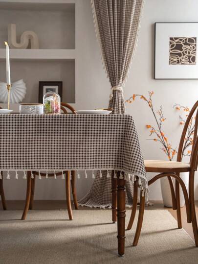 1pc Checkered Green Print Tablecloth, Bohemian Casual Fresh Style Dining Table Cover, Suitable For Hotel, Restaurant, Bedroom, Living Room, Party, Outdoor Gathering, Holiday Decor,Fall Decor,Autumn Decor,Room Decor