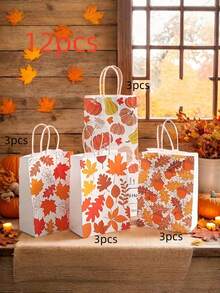 4/8/12 حقيبة هدايا خريفية قابلة لإعادة الاستخدام - حقيبة ورق كرافت مع أنماط أوراق القيقب والقرع، تغليف هدايا موسمي وديكور عيد الحصاد، حقيبة تسوق لمراكز التسوق، حقيبة هدايا حلوى من الورق الكرافت مطبوع عليها أوراق القيقب - متعدد الألوان - مشاهدة 11