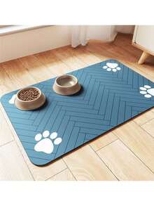 1 件速干硅藻土宠物喂食垫 - 防溅、吸水、易于清洁，适用于狗和猫，人字形图案带爪印设计，黑色，宠物喂食垫可水洗