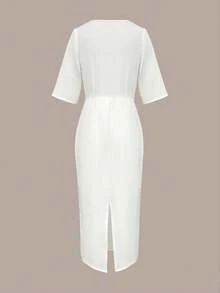 Women's White Faux Pearl Classic Round Neck Short Sleeve Belted Mid-Length Dress - White - View 7
