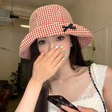 女士波西米亚风优雅蝴蝶结太阳帽，透气渔夫帽，格子丝带，宽边，春夏户外旅行渔夫帽 - 格紋蝴蝶結漁夫帽 - 查看 6