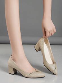 1 Pair Teens' Silver & Gold Glitter Pointed Toe Chunky Heel Slip-On Dress Pumps, Durable Outdoor Party High Heels