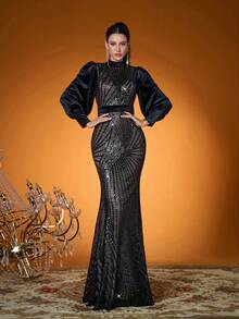 Lộng lẫy, Hàng mới về, Cổ cao, Đính sequin, Thanh lịch, Váy dạ hội, Thắt eo, Tay phồng, Ôm sát, Chân váy đuôi cá, Thích hợp cho tiệc tối, dự tiệc, váy dự đám cưới, váy dạ hội (Không định hình) - màu đen - Xem 3