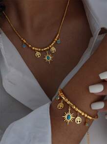 قلادة وسوار من الفولاذ المقاوم للصدأ بتصميم نجمة ذهبية فارغة مع شرابة، للنساء، للاستخدام اليومي، للحفلات، كهدية