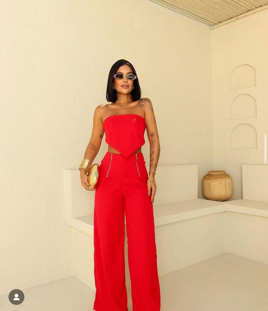 TAILORED STRAP-UP CROPPED SET WITH CUSHIONS AND PANTS WITH ZIPPER