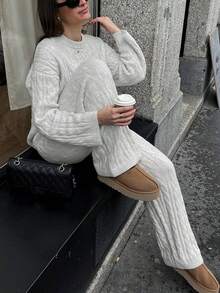 New Autumn Women Knit Set: Loose Elegant Solid Color Round Neck Loose Cable Knit Drop Shoulder Long Sleeve Pullover Sweater, Paired With Wide Leg Drawstring Waist Knit Pants - Light Grey - View 1