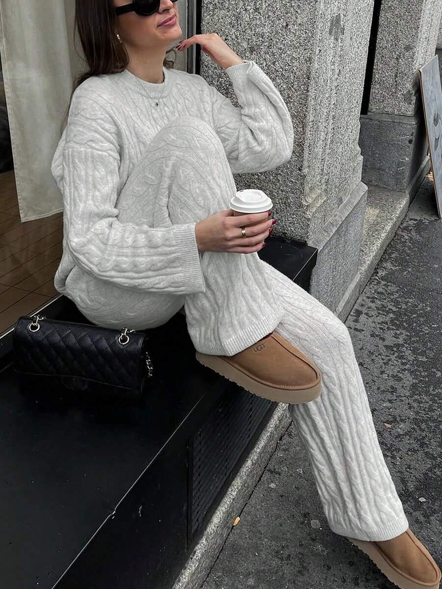 New Autumn Women Knit Set: Loose Elegant Solid Color Round Neck Loose Cable Knit Drop Shoulder Long Sleeve Pullover Sweater, Paired With Wide Leg Drawstring Waist Knit Pants - Light Grey - View 1