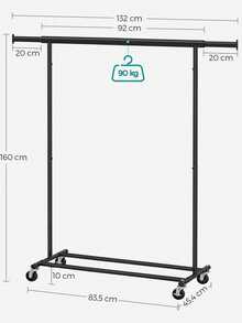Clothes Rack On Wheels, Heavy Duty Clothes Rail, With Extendable Hanging Rail, 90 Kg Load Capacity, Easy Assembly, Portable, Black - Black - View 6