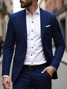 Bộ vest công sở nam 3 món, gồm áo khoác blazer hai hàng khuy, áo vest và quần dài, màu trơn, dáng ôm, chất liệu co giãn, trang phục dự tiệc/làm việc trang trọng - Màu xanh hải quân - Xem 2
