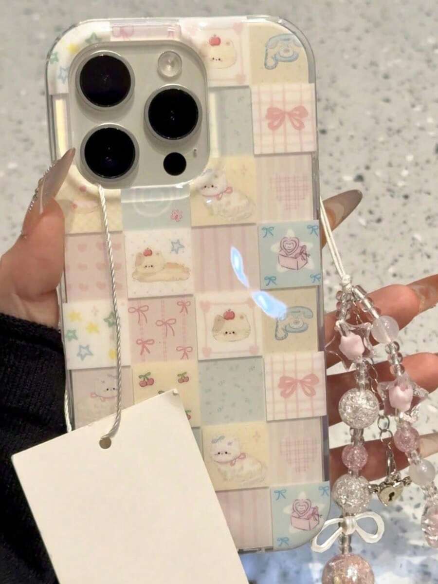 可爱卡通猫咪蝴蝶结樱桃格纹手机壳适用于 16 15 14 Pro Max 13 Pro 创意可爱粉色星星手环后盖防水防震防摔防刮 - 格子 - 查看 1