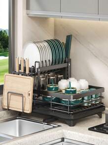 1 件碗碟晾干架，节省空间的碗碟架，厨房台面碗碟架，不锈钢厨房碗碟晾干架，带餐具架，碗碟、刀、勺子和叉子的架子 - 黑色 - 查看 8