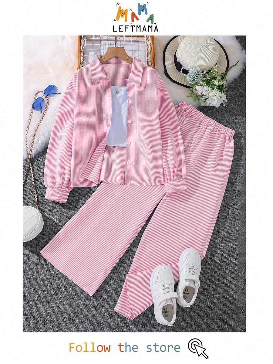 Left Mama 2pcs/Set Tween Girl New Fall Collared Long Sleeve Shirt Top & Pants