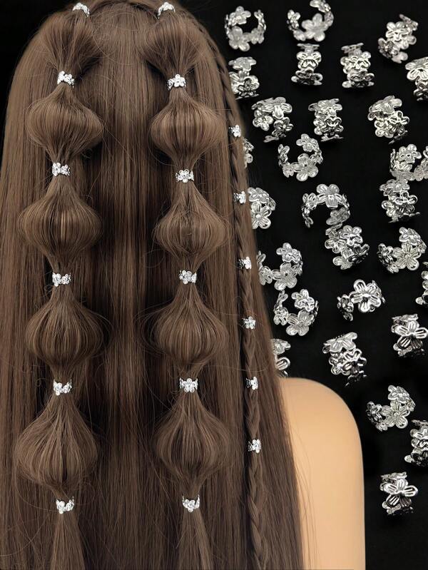 50pcs/Set Vintage Flower Decorative Hair Rings - Stylish Hair Buckles For Women And Girls - Hairdressing Hair Accessories Loc Hair Jewelry For Braids